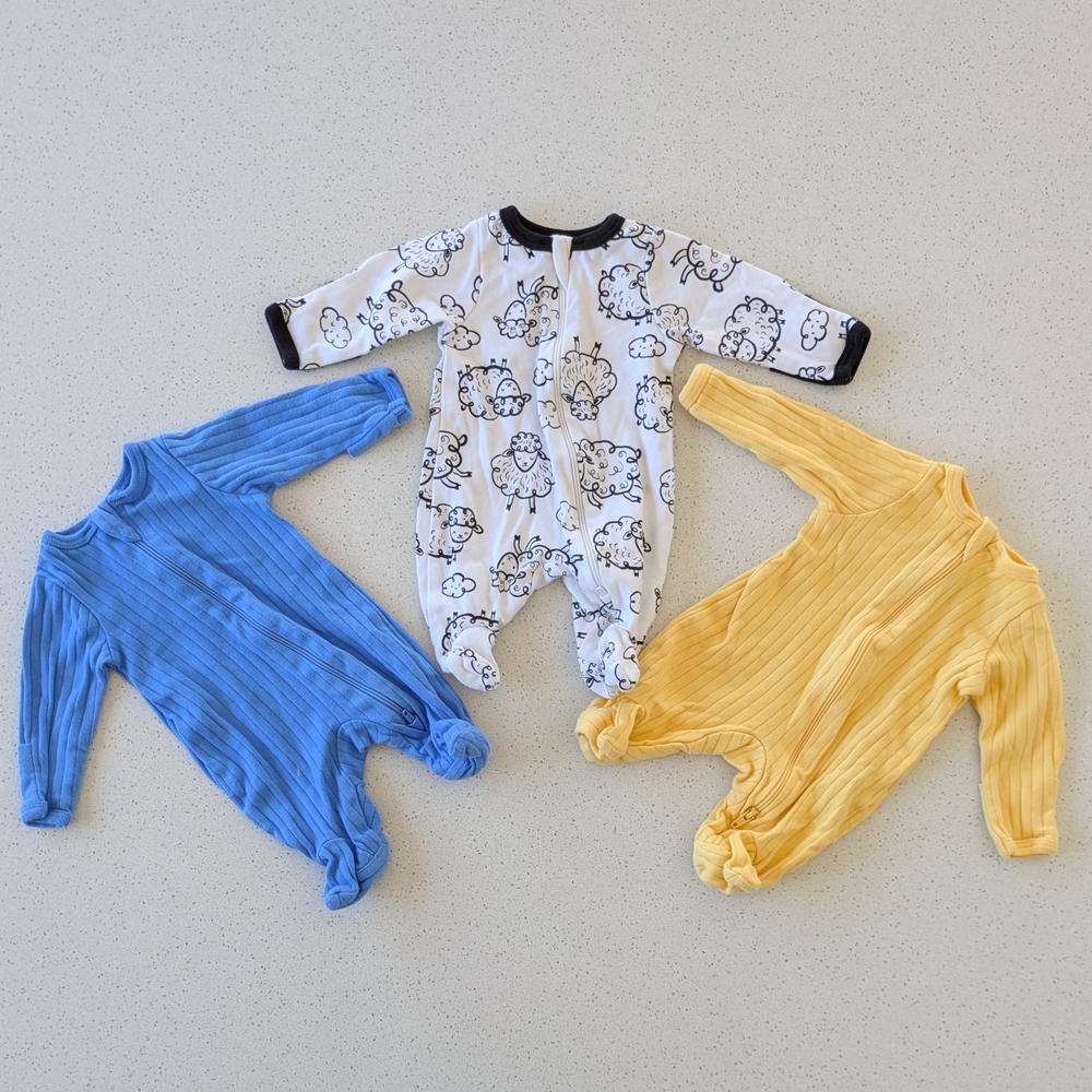 Wonder Nation Sheep Print and Solid Footies Set - Blue, White, Yellow